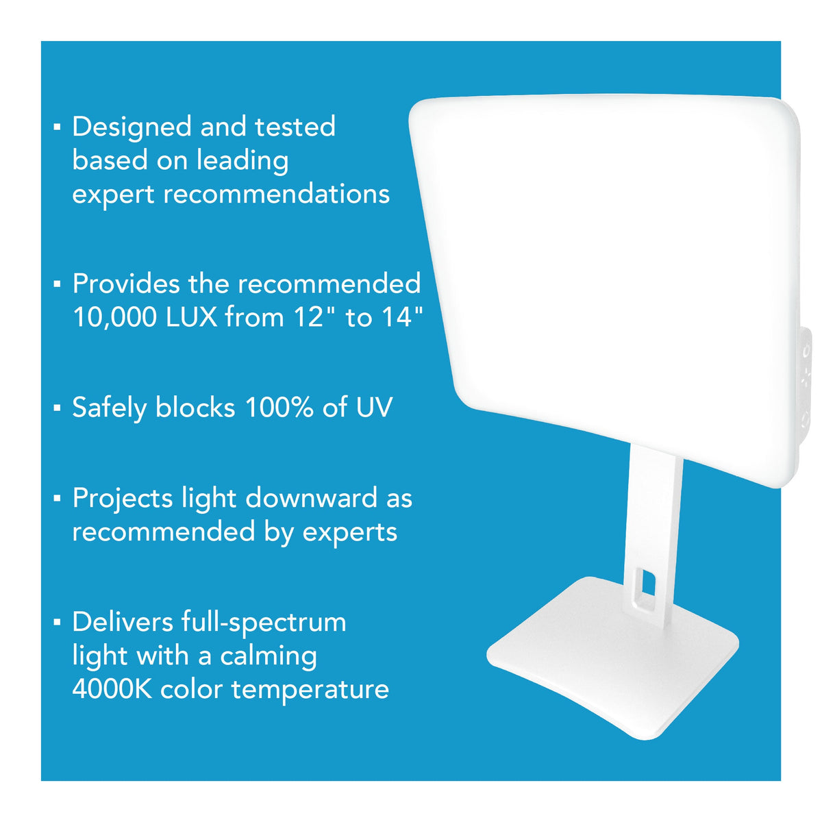 Day-Light Elite features infographic with 10,000 lux at 12 to 14 inches and 100% UV-free light