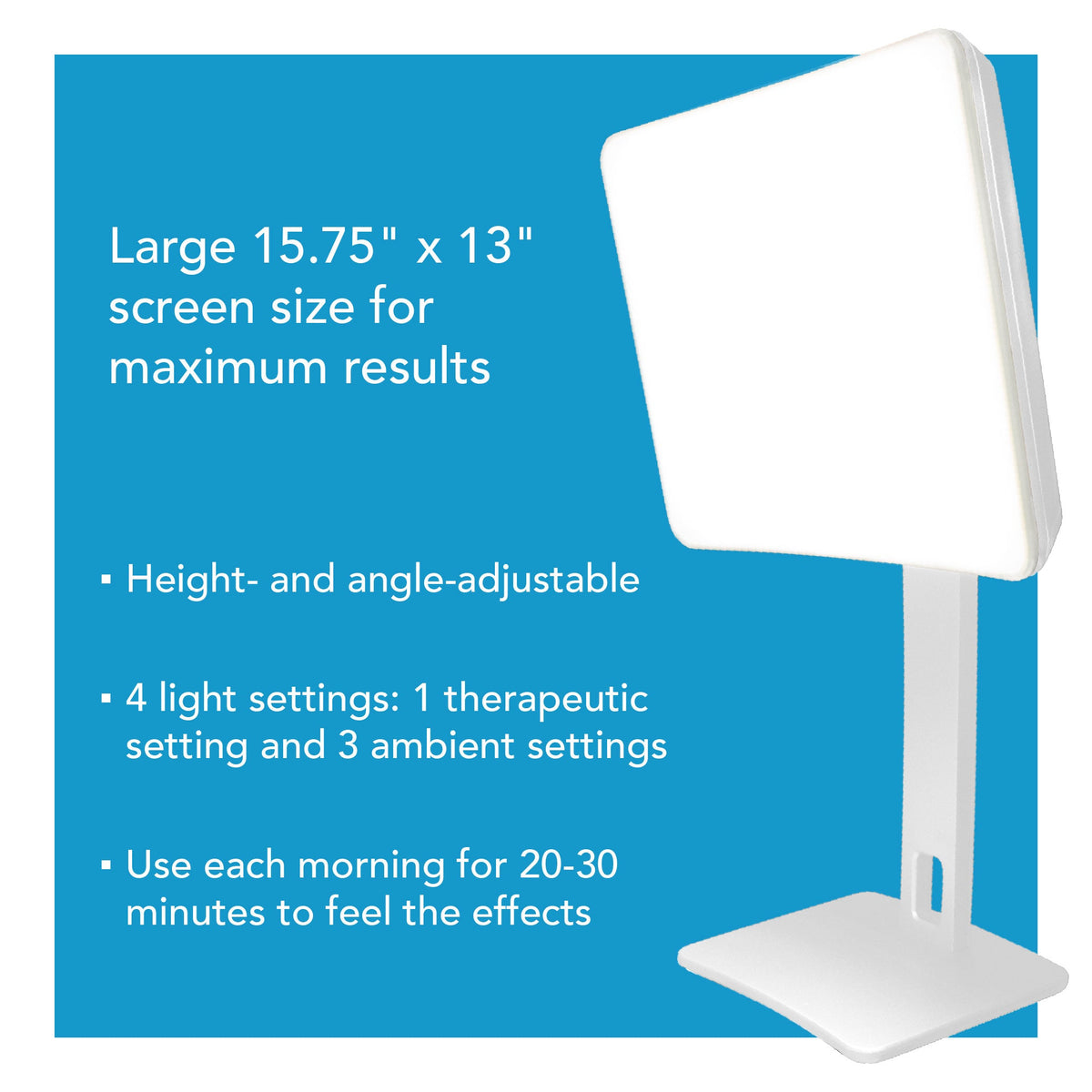 Day-Light Elite infographic showing its 15.75 x 13 inch screen, adjustable height and angle, and four light settings