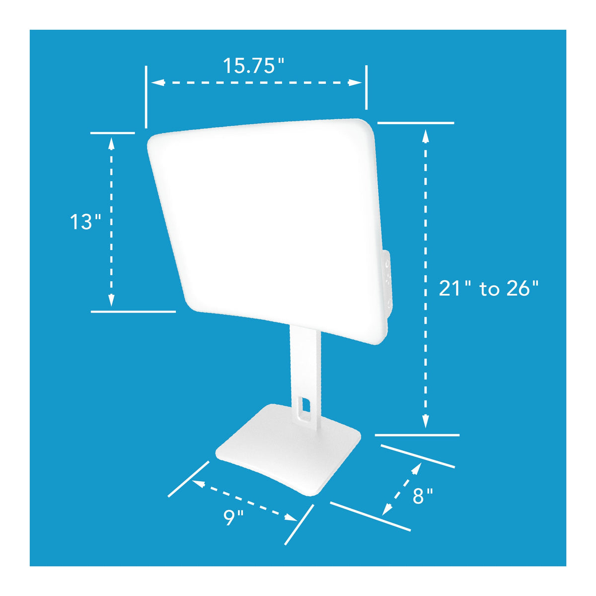 Day-Light Elite light therapy lamp dimensions diagram with adjustable height range
