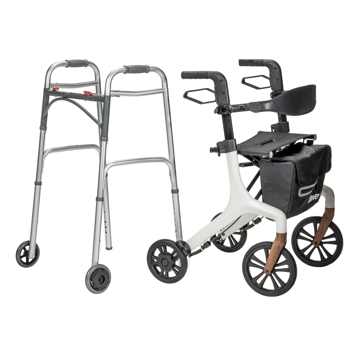 A wheeled folding walker and a rollator, both compatible with WalkWise