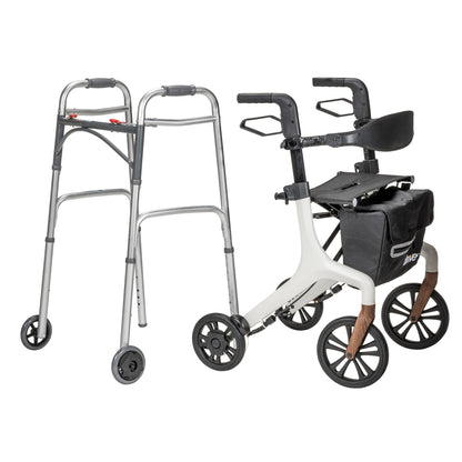 A wheeled folding walker and a rollator, both compatible with WalkWise