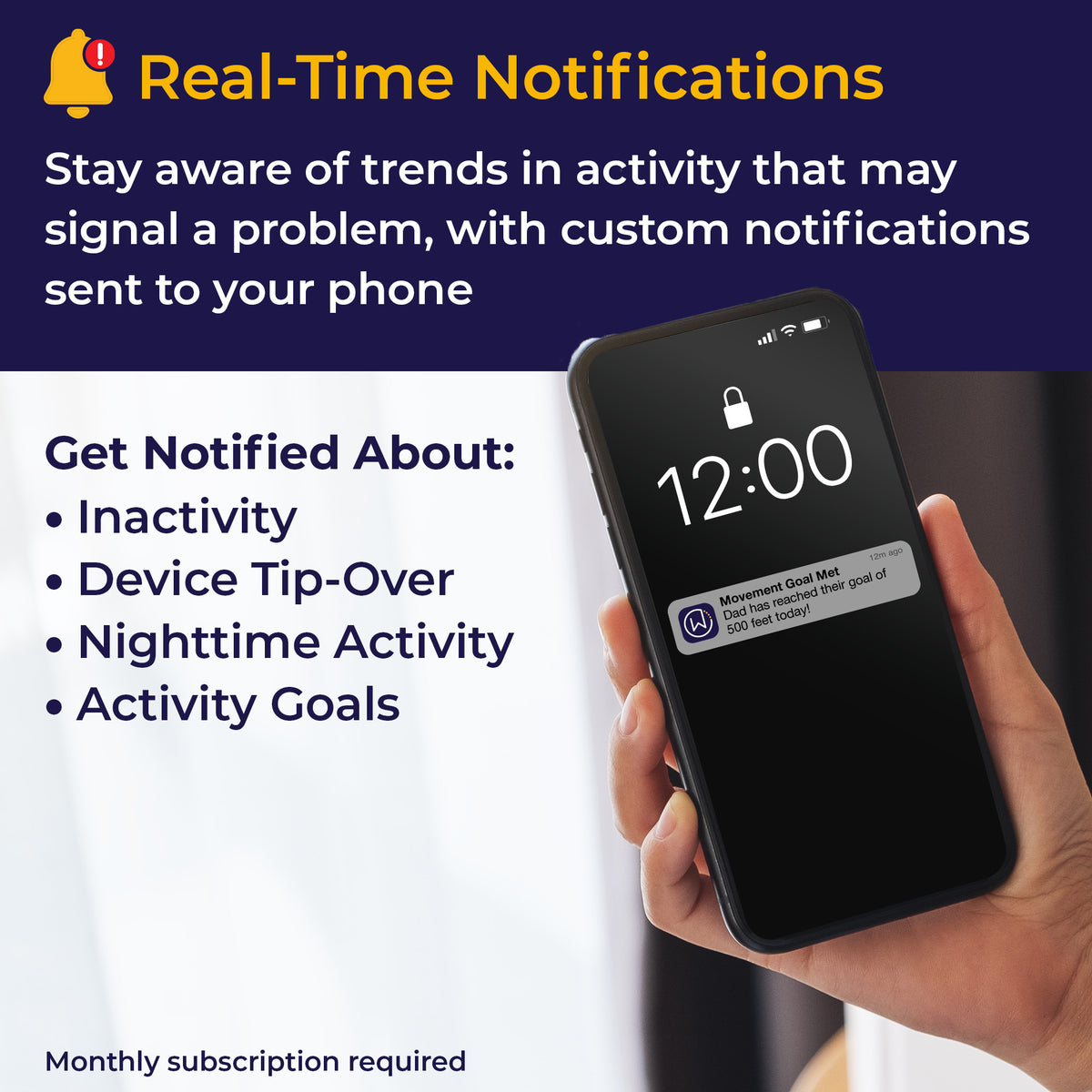 Phone lock screen with a WalkWise alert; notifications for inactivity, tip-over, nighttime activity and activity goals