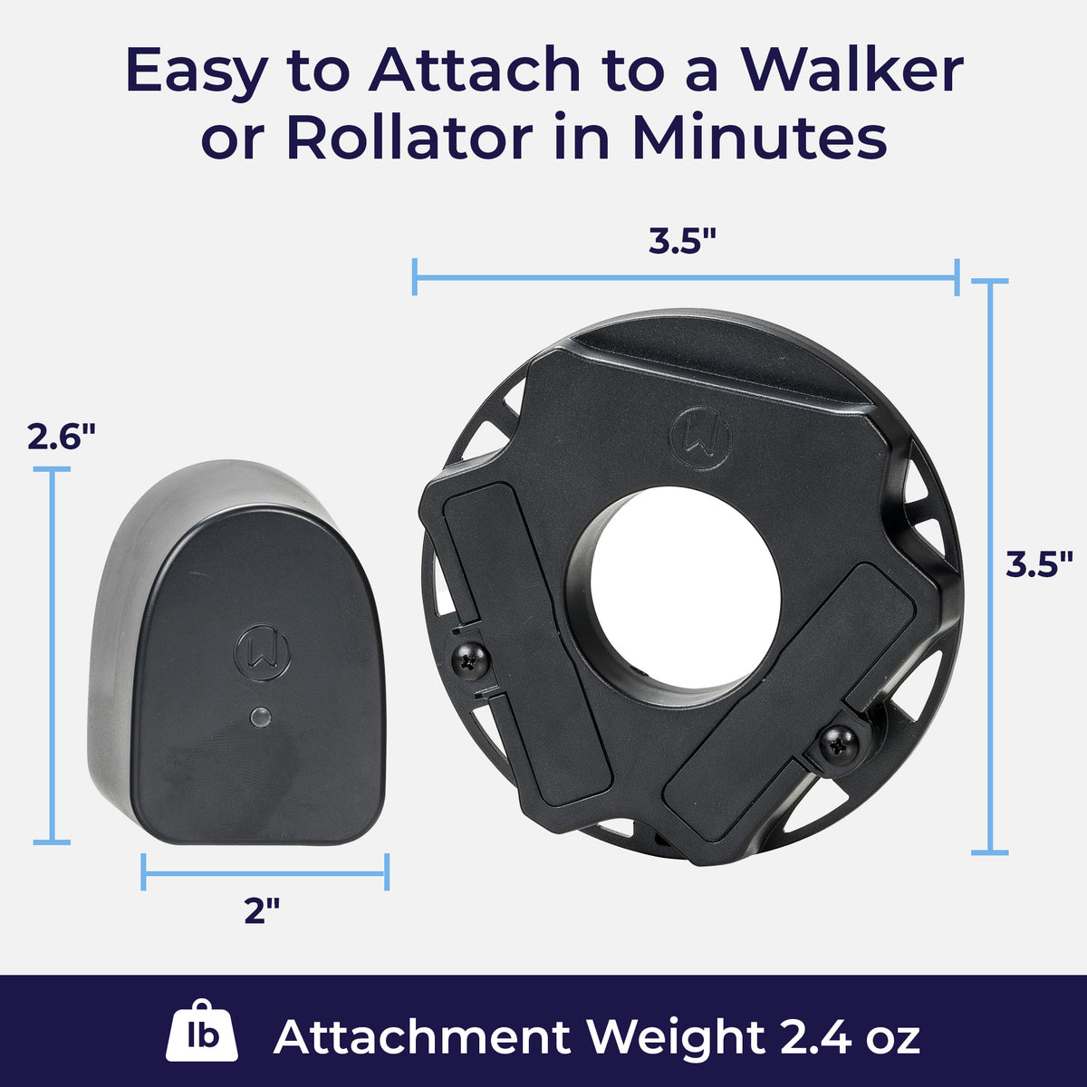 WalkWise sensor dimensions: 3.5 x 3.5 inch wheel piece, 2.6 x 2 inch housing, attachment weight 2.4 oz
