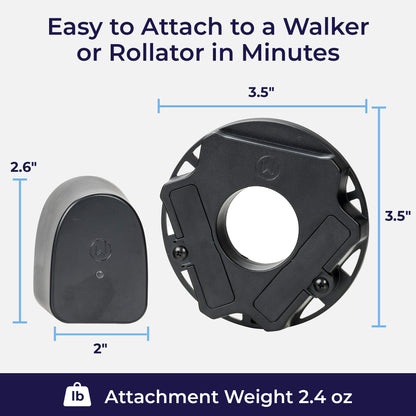 WalkWise sensor dimensions: 3.5 x 3.5 inch wheel piece, 2.6 x 2 inch housing, attachment weight 2.4 oz