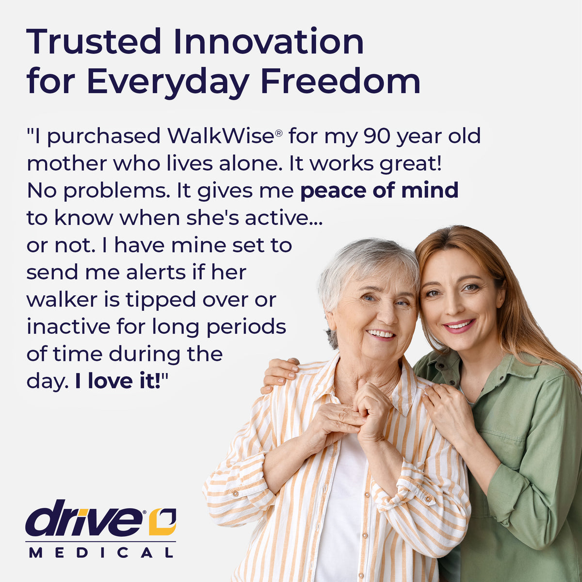 Smiling older mother and adult daughter with a WalkWise customer review about peace of mind for a parent living alone