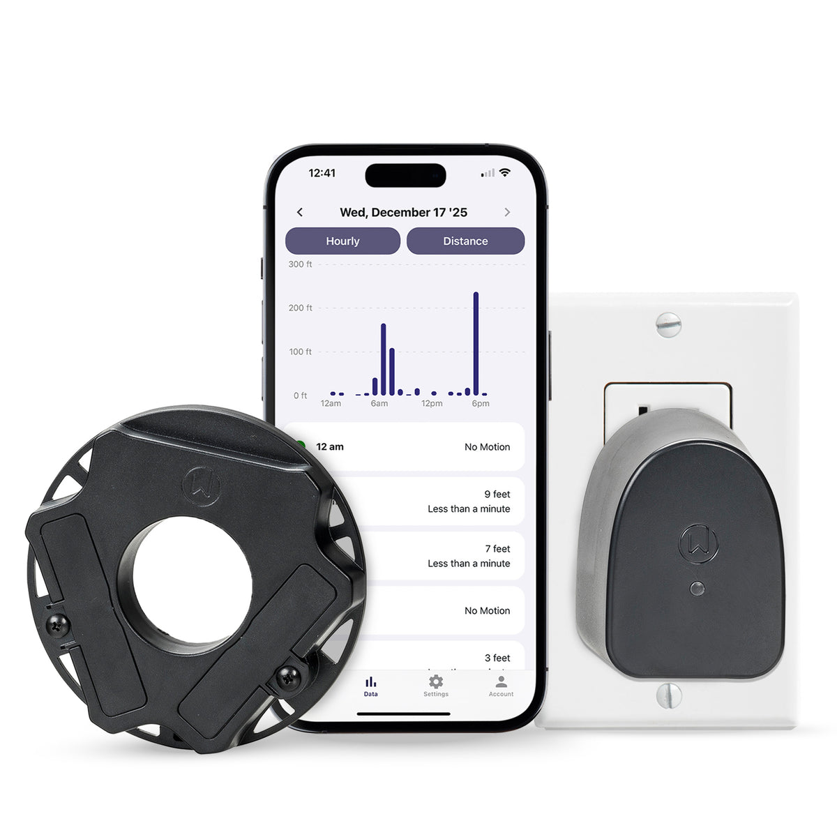 WalkWise by Drive wheel sensor, Communication Node plugged into a wall outlet, and the app showing daily walker activity