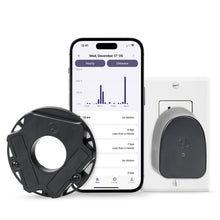 WalkWise by Drive wheel sensor, Communication Node plugged into a wall outlet, and the app showing daily walker activity