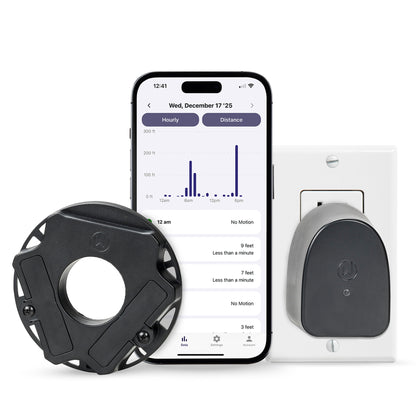 WalkWise by Drive wheel sensor, Communication Node plugged into a wall outlet, and the app showing daily walker activity