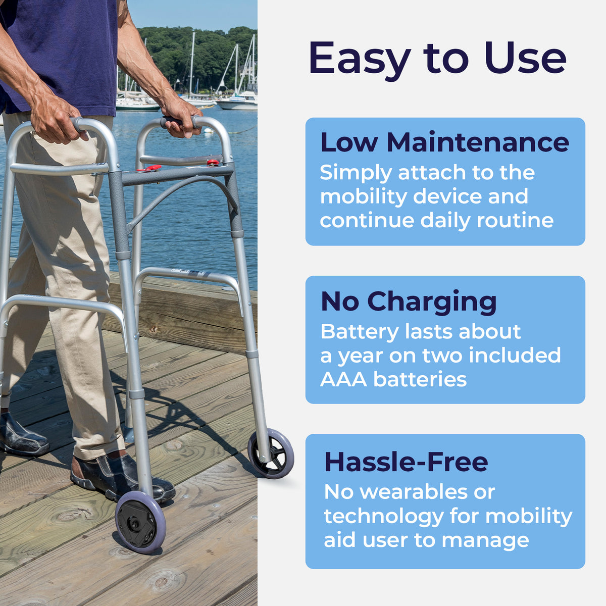 Man walking on a boardwalk with a wheeled walker fitted with WalkWise: low maintenance, no charging, hassle-free