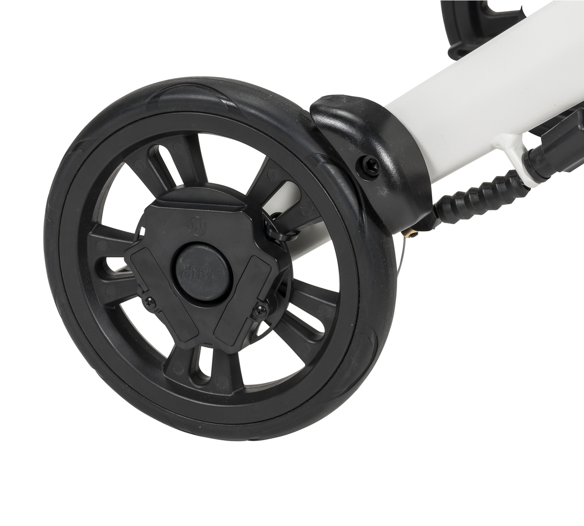 Close-up of the WalkWise sensor zip-tied to the front wheel of a white rollator