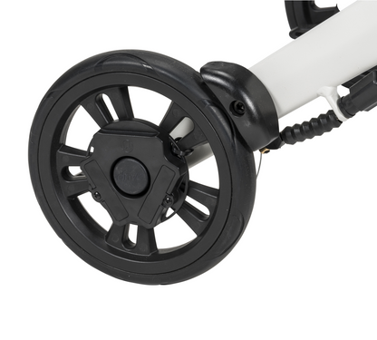 Close-up of the WalkWise sensor zip-tied to the front wheel of a white rollator