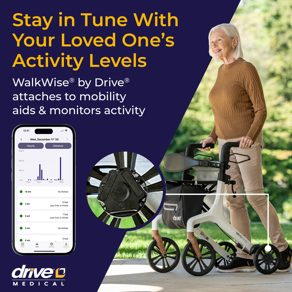 Older woman walking with a rollator that has a WalkWise sensor on the wheel, beside the app's activity view