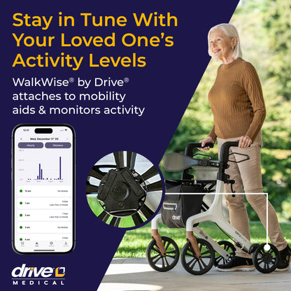 Older woman walking with a rollator that has a WalkWise sensor on the wheel, beside the app's activity view