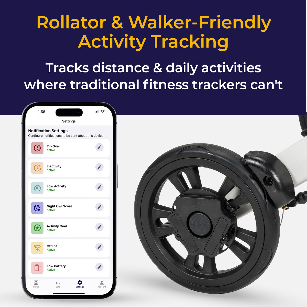 WalkWise app activity list next to a rollator wheel fitted with the sensor, for walker and rollator activity tracking