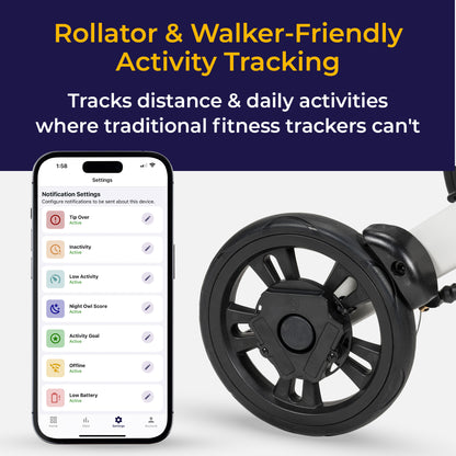 WalkWise app activity list next to a rollator wheel fitted with the sensor, for walker and rollator activity tracking